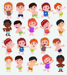 Cartoon character boys and girls in a swimsuit. Set with different postures, attitudes and poses, doing different activities. Vector illustrations.