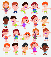 Cartoon character boys and girls in a swimsuit. Set with different postures, attitudes and poses, doing different activities. Vector illustrations.