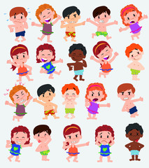 Cartoon character boys and girls in a swimsuit. Set with different postures, attitudes and poses, doing different activities. Vector illustrations.