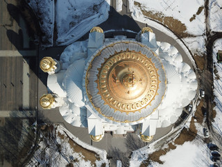 Top view aerial photo from flying drone of Naval Cathedral of St. Nicholas in Kronshtadt, Saint-petersburg Russia