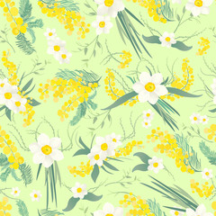 Fototapeta na wymiar Spring flowers seamless pattern on a green background
