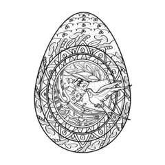 Vector. Coloring. Easter egg with patterns, flowers, bird. Art style.