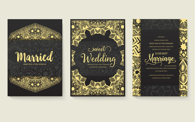 Set of flyer pages ornamental illustration stylized gold concept. Luxury art traditional, Islam, arabic, indian, ottoman motifs, elements. Vector decorative retro greeting card or invitation design.