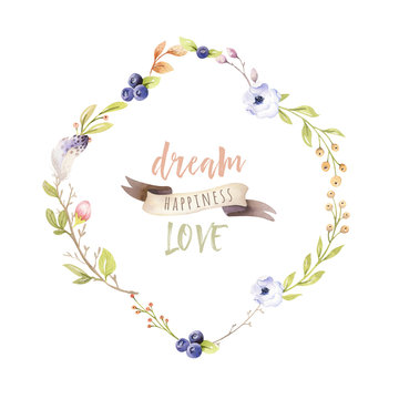 Watercolor boho floral wreath. Bohemian natural frame: leaves, feathers, flowers, Isolated on white background. Artistic decoration illustration. Save the date, logo, weddign design