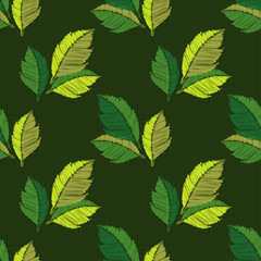 Seamless background with decorative leaves. Scribble texture. Textile rapport.