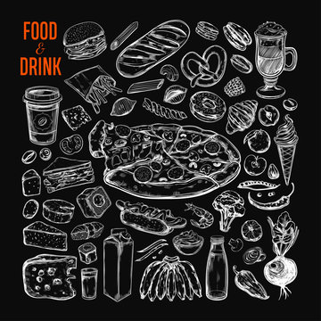 Food and Drink vector big set. Isolated objects, icons in sketch style.