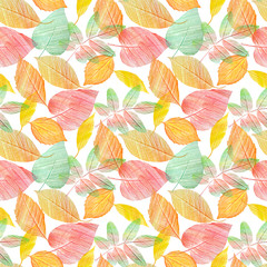 Fototapeta premium A seamless background pattern with green and golden yellow leaves on white, toned