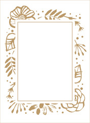 Flower frame template for wedding invitation and greeting card. Floral botanical collection. Flowers, branches, and leaves in nature pattern. Hand drawn design elements. Vector illustration.