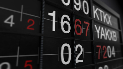 3D rendering of a Close-up arrival departure boards with texts and numbers.