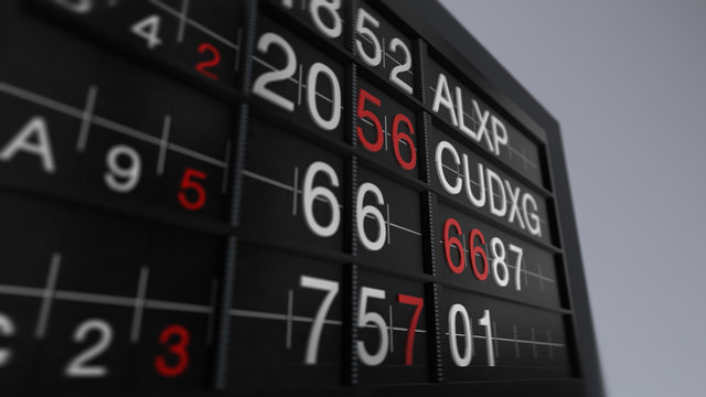 3D rendering of a Close-up arrival departure boards with texts and numbers.