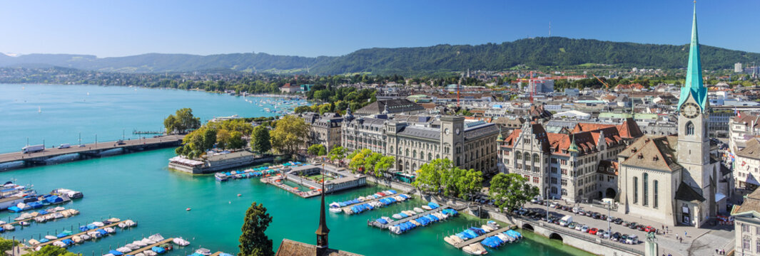 Historic Z&uuml;rich, Limmat river and Z&uuml;richsee, Switzerland. Historisches Z&uuml;rich Zentrum, Limmat, Z&uuml;richsee, Schweiz.