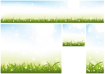 Obraz premium Spring Website Banner Background Collection with Grasses and Bokeh Lights - Colored Illustration, Vector
