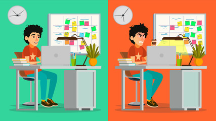 Stressed Out Man Vector. Young Coder Working At Office. Stressful Work, Job. Tired Junior Programmer. Person. Hard Career. Company Employee. Software Development. Flat Cartoon Character Illustration