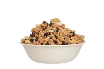 isolated bowl of granola raisin almond cereal