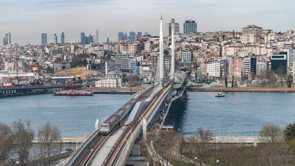 Naklejka premium Panoramic view of Golden Horn Metro Bridge in Istanbul City, Turkey