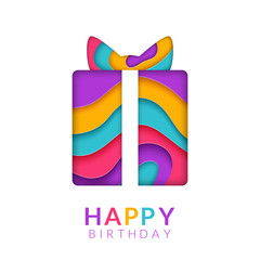 Happy Birthday greeting card template with papercut multi color gift box. Birthday congratulation text. Paper art in a shape of an gift box. Greeting card trendy design. Invitation template