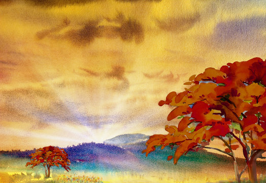 Painting  landscape colorful of Red, orange trees, flowers and meadows.