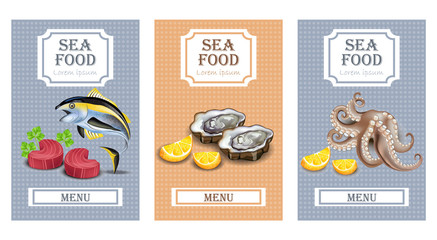 Sea food menu cards Vector realistic. Layout Template with oysters, tuna fish and octopus