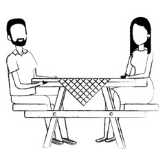 picnic table with couple characters vector illustration design