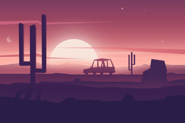 Fototapeta na wymiar Cartoon desert landscape with cactus, hills silhouettes, vector nature horizontal background