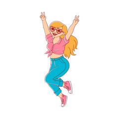 plump obese girl dancing in fancy heart shape sunglasses. Sketch style cute female character in jeans, pink skirt jumping putting hands up. Vector adult blonde overweight woman having fun