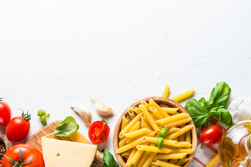 Italian food background on white top view.