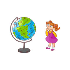 School girl with globe sphere map isolated on white background - cute little child in dress stands and looks with curiosity at Earth sphere model. Hand drawn cartoon character. Vector illustration.