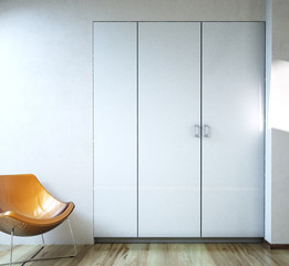 Geschlossener kleiderschrank im hellen Raum