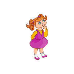 Curious little girl with light hair stands with her finger near face, looks forward and thinks isolated on white background. Hand drawn cute cartoon schoolgirl in purple dress. Vector illustration.