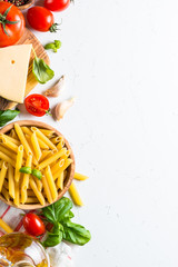 Italian food background on white top view.