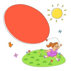 Girl running with balloon, summer, spring grass, shining sun and singing bird, hand-drawn vector illustration isolated on white background. Summer scene - little girl, balloon, flowers, sun and bird