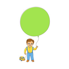 Obraz na płótnie Canvas Cute little boy standing with big balloon and toy car, front view hand-drawn vector illustration isolated on white background. Hand-drawn happy boy, child, kid standing with balloon and toy car