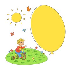 Vector flat sketch little boy child riding bicycle holding air balloon on meadow flower grass butterfly background. Happy male kid character celebration party invitation card illustration