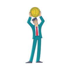 Businessman, man in business suit holding a giant coin with BTC symbol, flat cartoon vector illustration isolated on white background. Full length portrait if businessman standing with giant bitcoin