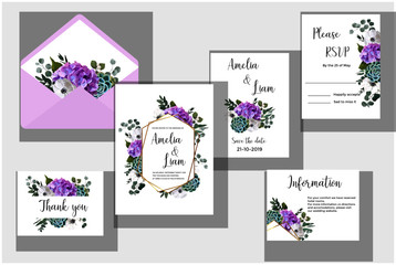 Floral wedding set containing invitation, rsvp, save the date, information, thank you cards, envelope.Hydrangea, anemone,succulent and eucalyptus in watercolor style. Vector illustration.Eps10