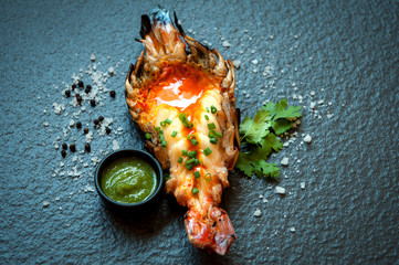 Charcoal grill giant prawn with spicy seafood sauce