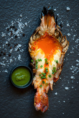 Charcoal grill giant prawn with spicy sea food sauce