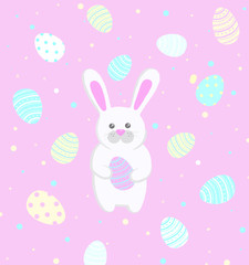 nice eastern illustration with cute white rabbit  on pink background with Eastern eggs 