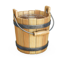 Wooden bucket with water isolated on white background 3d rendering - obrazy, fototapety, plakaty
