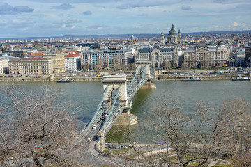 View on Chain Bridge in Budapest with the river Danube from the palace