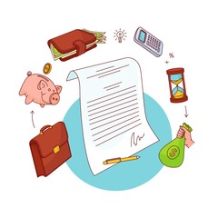 Personal finance, business strategy concept with signed document surrounded with wallet, piggy bank, calculator, money bag, briefcase and sandglass, hand-drawn vector illustration in white background