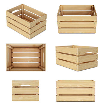 Wooden crates from various views isolated on white background 3d rendering