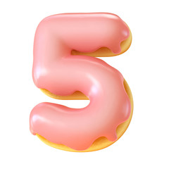Glazed donut font 3d rendering number 5