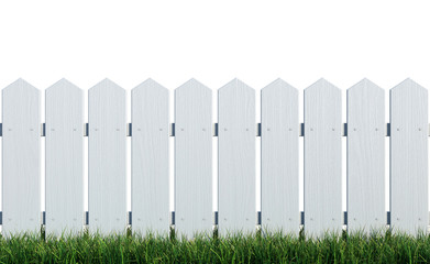Fototapeta premium Wooden fence painted white on grass with white background 3d rendering