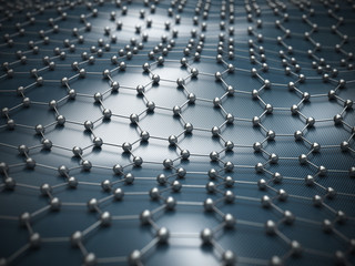 Obraz premium Graphene molecular grid, graphene atomic structure concept, hexagonal geometric form, nanotechnology background 3d rendering