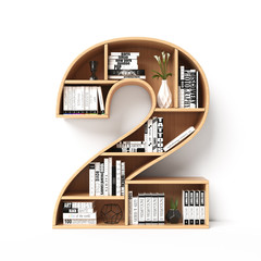 Bookshelves 3d font. Alphabet in the form of book shelves. Mockup font.  Number 2 3d rendering