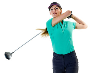 one caucasian woman woman golfer golfing in studio isolated on white background