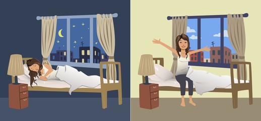 Cute young woman sleep at night in the bedroom and wake up in the morning. Vector illustration.