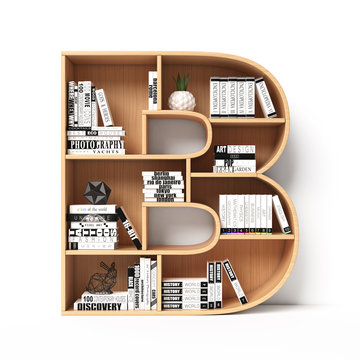 Bookshelves 3d font. Alphabet in the form of book shelves. Mockup font.  Letter B 3d rendering