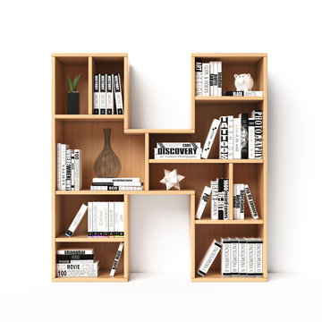 Bookshelves 3d font. Alphabet in the form of book shelves. Mockup font.  Letter H 3d rendering